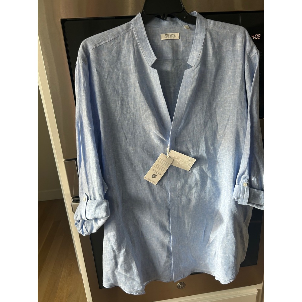 Murano Baird McNutt linen shirt 3XLT blue notched v-neck roll‎ tag sleeve